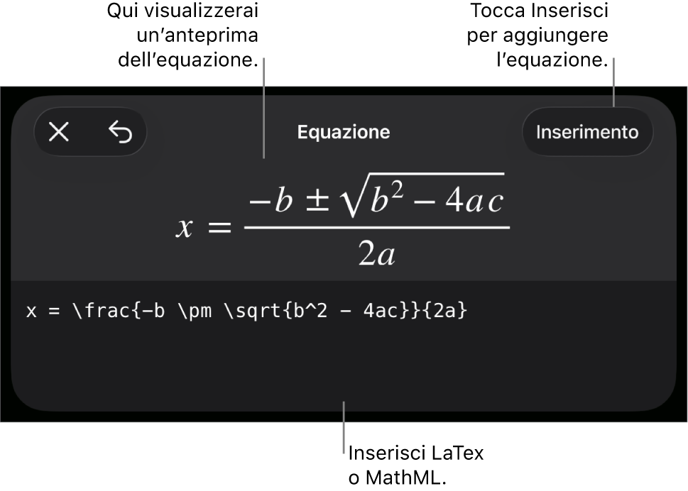 La finestra di dialogo Equazione che mostra l’equazione scritta tramite comandi MathML e un’anteprima della formula di cui sopra.
