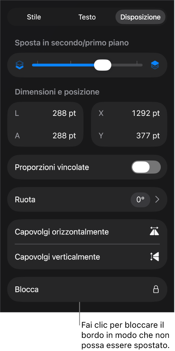 I controlli Disposizione nel menu Formato con il pulsante Blocca visibile.