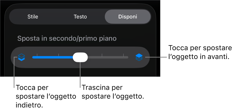 Pulsante sposta indietro, pulsante sposta avanti e cursore livelli.
