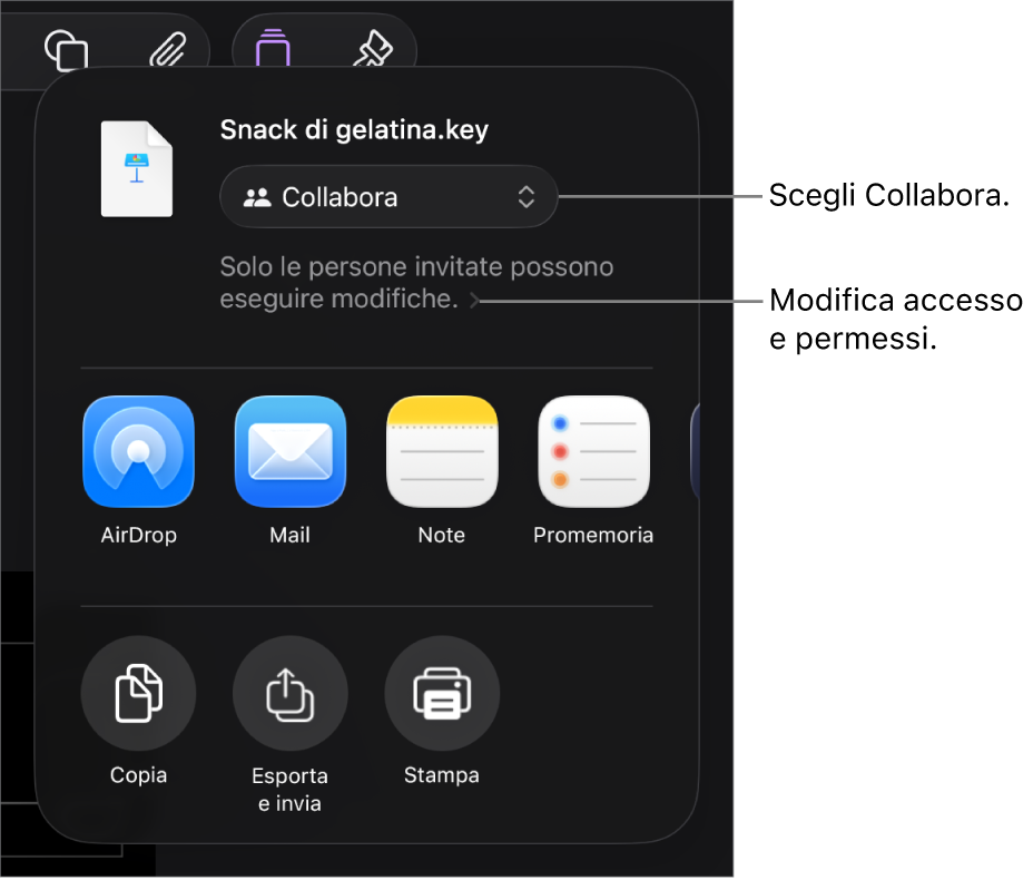 Il menu di condivisone con l’opzione Collabora selezionata in alto e le impostazioni di accesso e dei permessi sotto.
