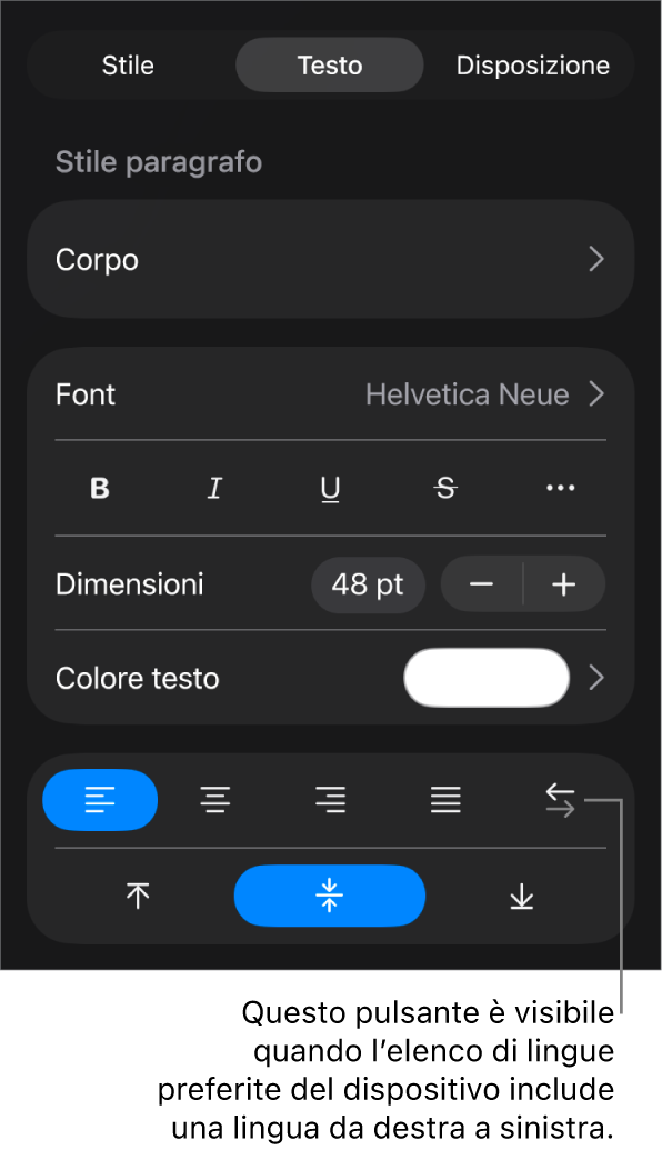 Controlli del testo nel menu Formato con una didascalia per il pulsante “Da sinistra a destra”.