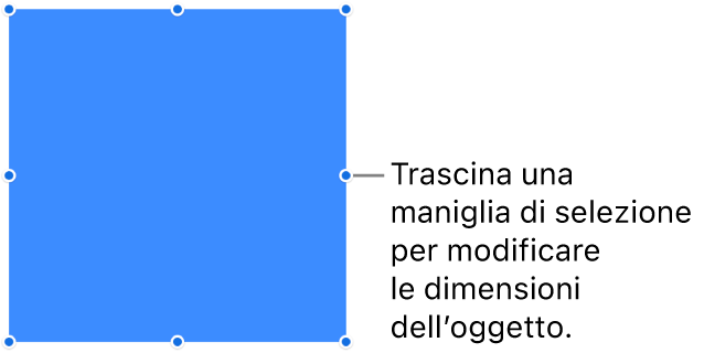 Un oggetto con punti blu sul bordo per la modifica delle dimensioni.
