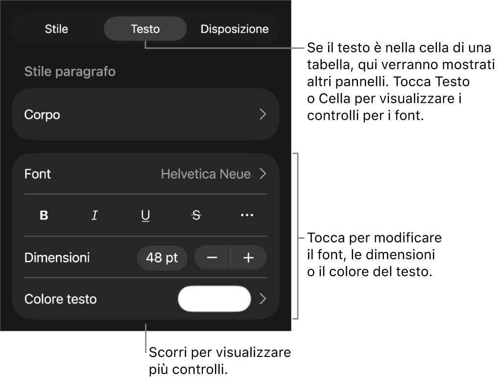 Controlli di testo nel menu Formattazione per impostare stili di carattere e paragrafo, font, dimensione e colore.