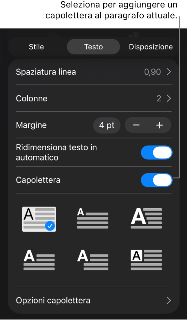 I controlli Capolettera situati nel menu Testo.
