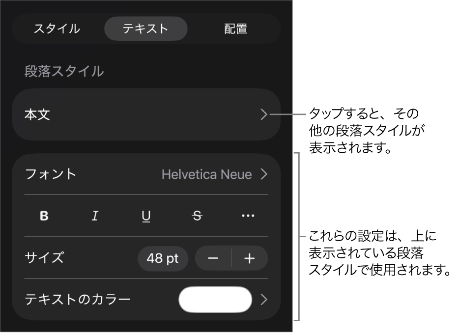 「フォーマット」メニュー。段落と文字のスタイル、フォント、サイズ、色を設定するためのテキストコントロールが表示されています。