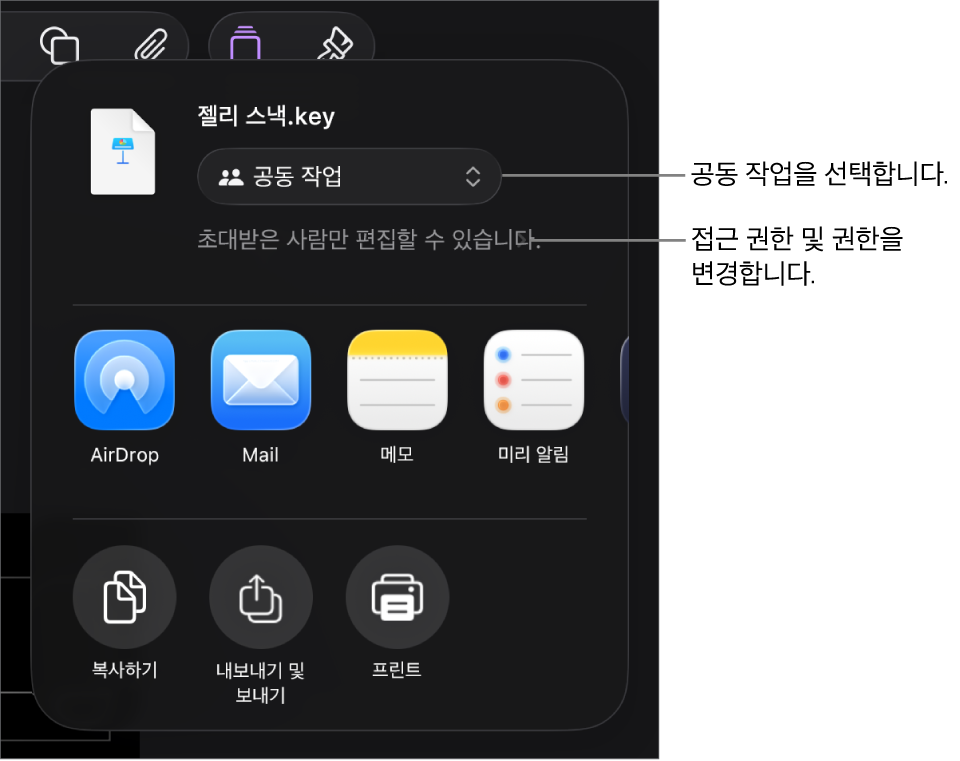 상단에 공동 작업이 선택되어 있는 공유 메뉴가 있고, 그 아래에는 접근 및 권한 설정이 있음.