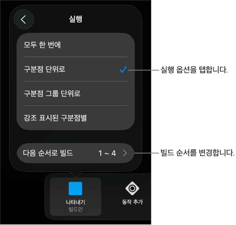 빌드인 패널에 실행 옵션.
