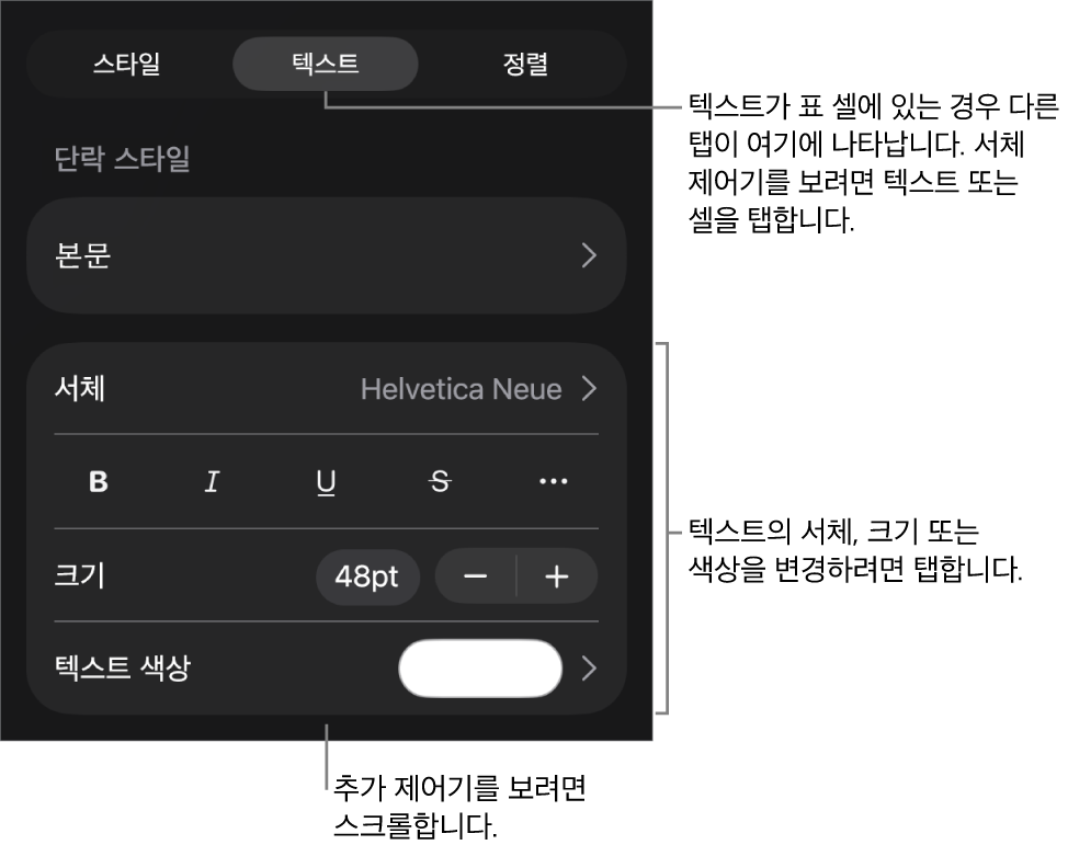 포맷 메뉴에 있는 단락, 문자 스타일, 서체, 크기 및 색상을 설정할 수 있는 텍스트 제어기.