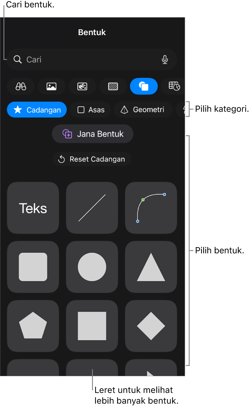 Pustaka bentuk, dengan kategori di bahagian atas dan bentuk dipaparkan di bawah. Anda boleh menggunakan medan carian di bahagian atas untuk mencari bentuk dan leret untuk melihat lebih banyak.