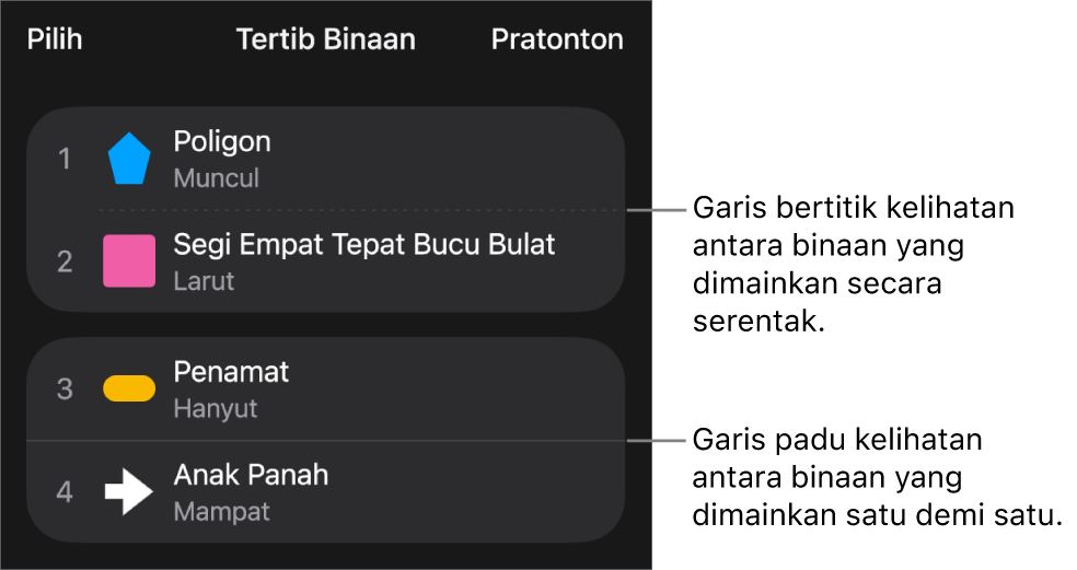 Menu Tertib Binaan, dengan garis bertitik kelihatan antara binaan yang dimainkan serentak dan garis padu antara binaan yang dimainkan satu demi satu.