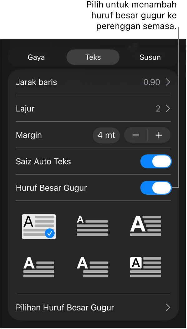 Kawalan Huruf Besar Gugur berada dalam menu Teks.