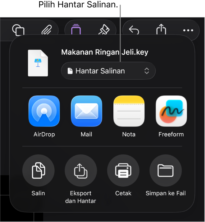 Menu Kongsi dengan Hantar Salinan dipilih di bahagian atas.