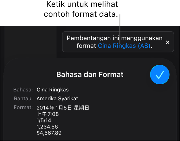 Pemberitahuan seting bahasa dan rantau berbeza, menunjukkan contoh format dalam bahasa dan rantau itu.