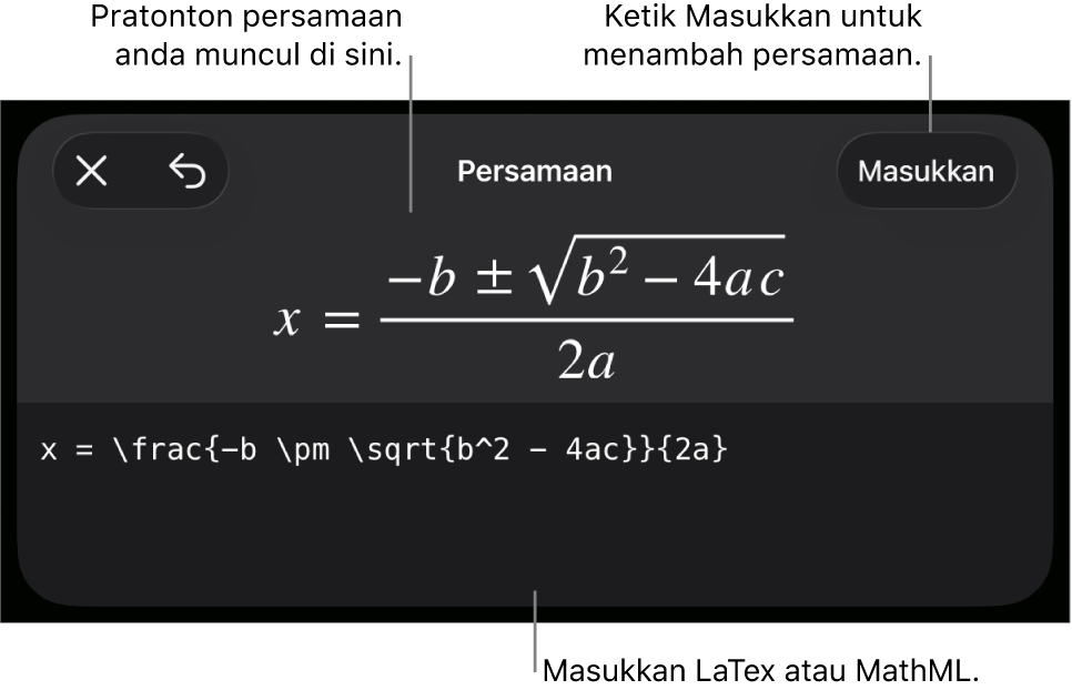 Dialog Persamaan, menunjukkan persamaan yang ditulis menggunakan perintah MathML manakala pratonton formulanya di atas.
