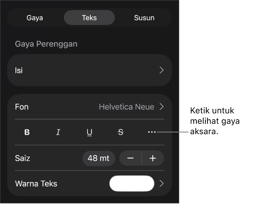Kawalan Format dengan gaya perenggan di bahagian atas, kemudian kawalan Fon. Di bawah fon ialah butang Tebal, Italik, Garis Bawah, Garis Potong dan Lebih Banyak Pilihan Teks.