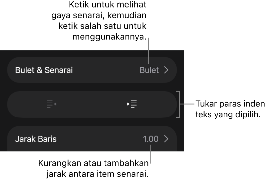 Bahagian Bulet & Senarai daripada kawalan Format dengan petak bual ke Bulet & Senarai, butang outden dan inden serta kawalan jarak baris.