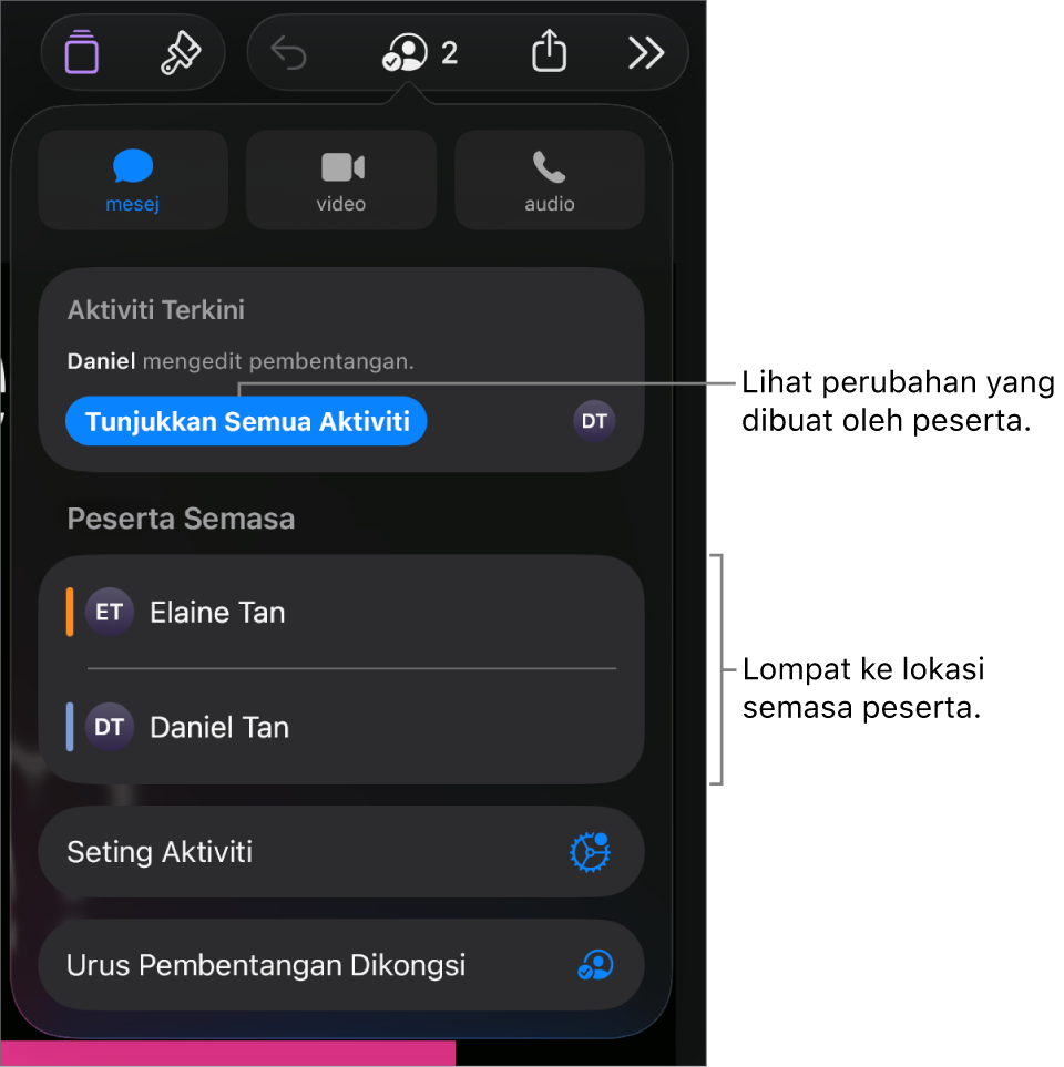 Menu kerjasama dengan peserta semasa disenaraikan.