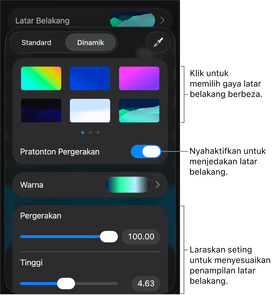 Kawalan latar belakang dinamik dengan imej kecil gaya latar belakang, butang Pratonton Pergerakan dan kawalan disesuaikan dipaparkan.