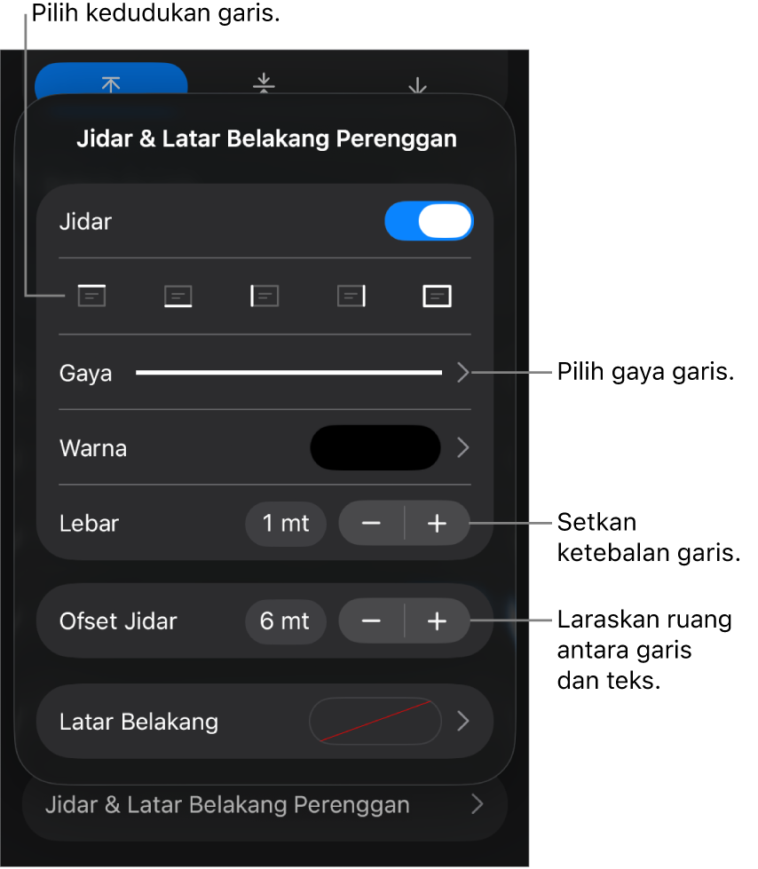 Kawalan untuk menukar gaya garis, ketebalan, kedudukan dan warna.