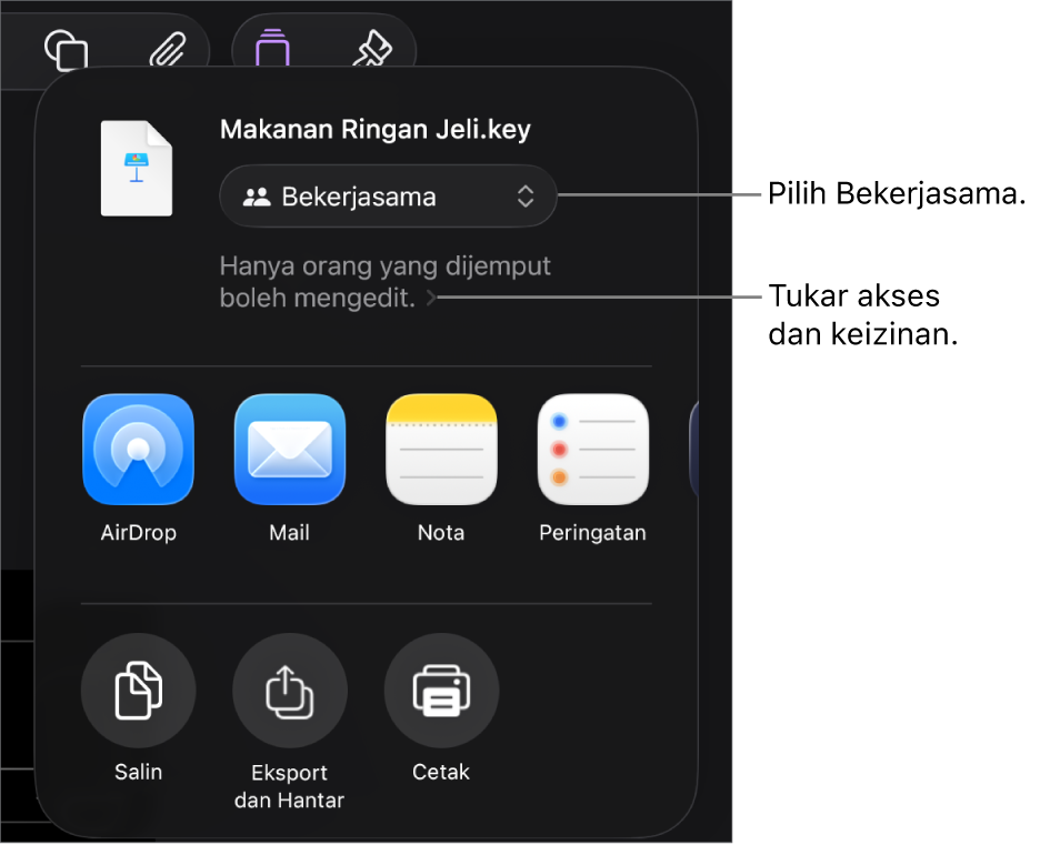 Menu Kongsi dengan Bekerjasama dipilih di bahagian atas dan seting akses serta keizinan di bahagian bawah.