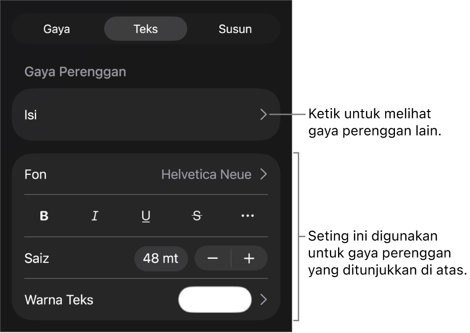 Menu Format menunjukkan kawalan teks untuk mengesetkan perenggan dan gaya, fon, saiz dan warna aksara.