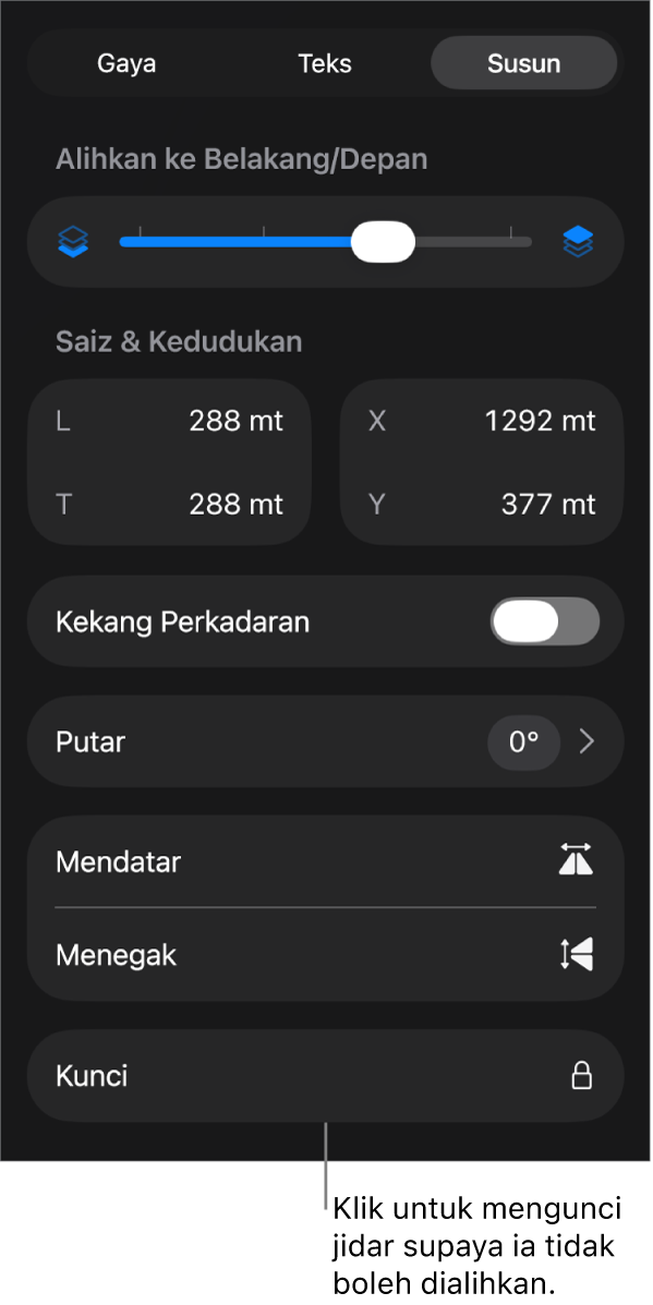 Kawalan Susun dalam menu Format dengan butang Kunci aktif.