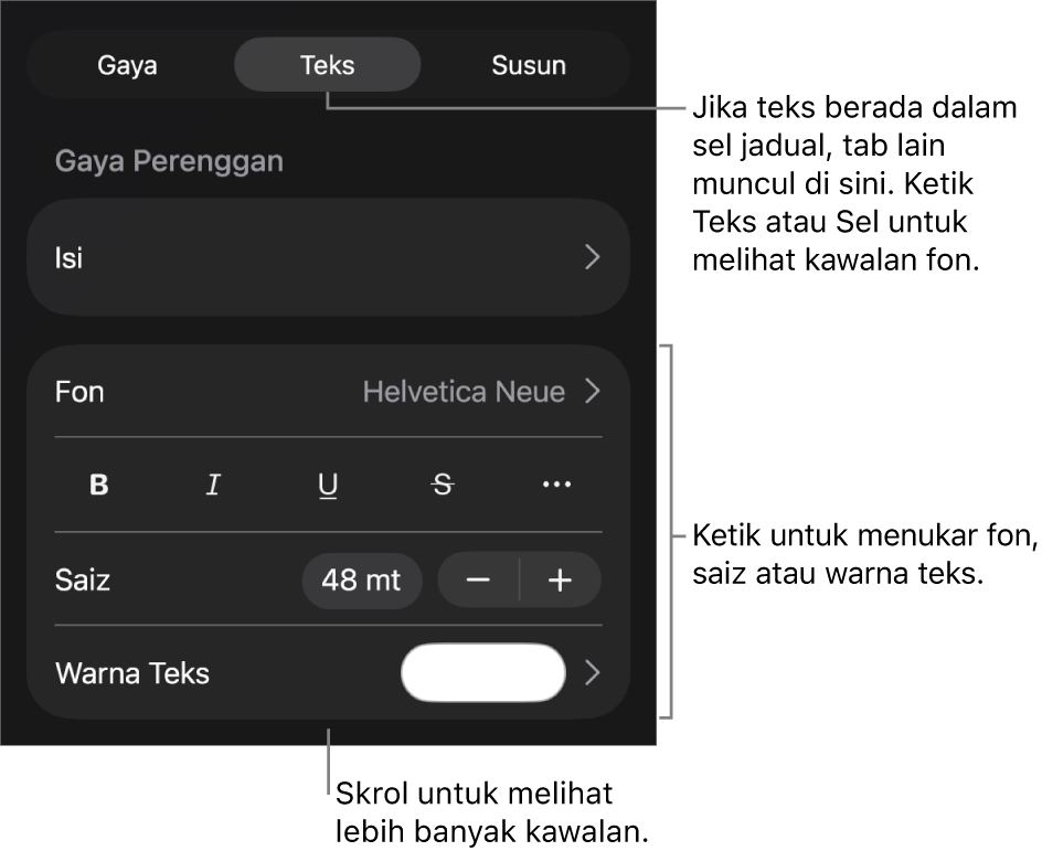Kawalan teks dalam menu Format untuk mengesetkan perenggan dan gaya, fon, saiz dan warna aksara.