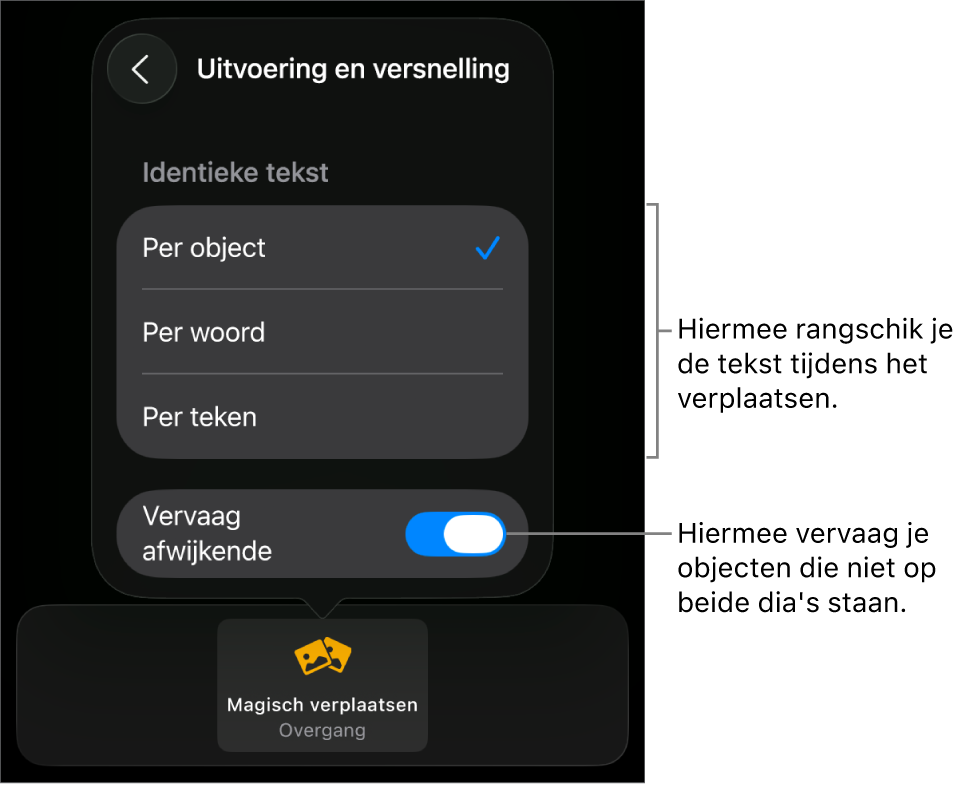 Opties voor de uitvoering en versnelling van 'Magisch verplaatsen' in het paneel 'Versnelling'.