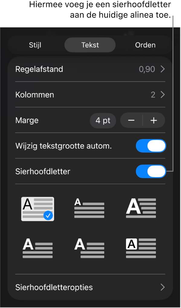 De regelaars voor sierhoofdletters in het menu 'Tekst'.