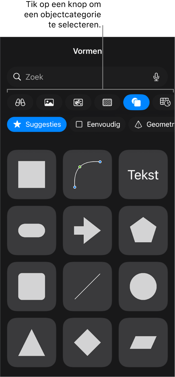 De regelaars waarmee je een object toevoegt, met bovenaan knoppen waarmee je tabellen, diagrammen, vormen (waaronder lijnen en tekstvakken) en media kiest.