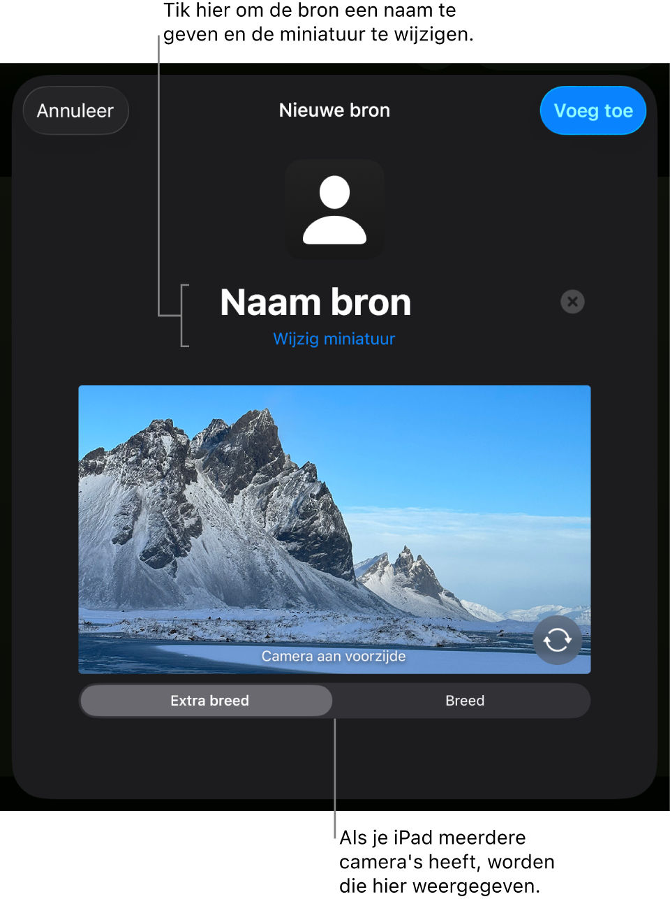 Het venster 'Nieuwe bron' met regelaars om de naam en miniatuur van de bron te wijzigen boven een livevoorvertoning van de camera. Als de iPad meerdere camera's aan de achterkant heeft, verschijnen er onder in het scherm knoppen om de gewenste camera te selecteren.
