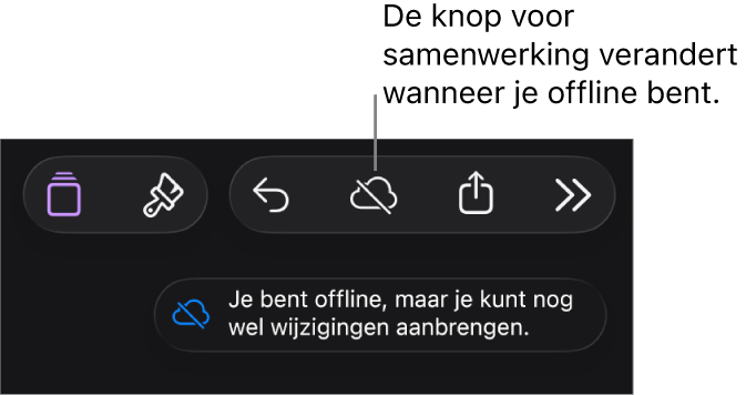 De knoppen boven in het scherm, met de knop voor samenwerking die is veranderd in een wolk met een schuine streep. De volgende melding staat op het scherm: 'Je bent offline, maar je kunt nog wel wijzigingen aanbrengen.'