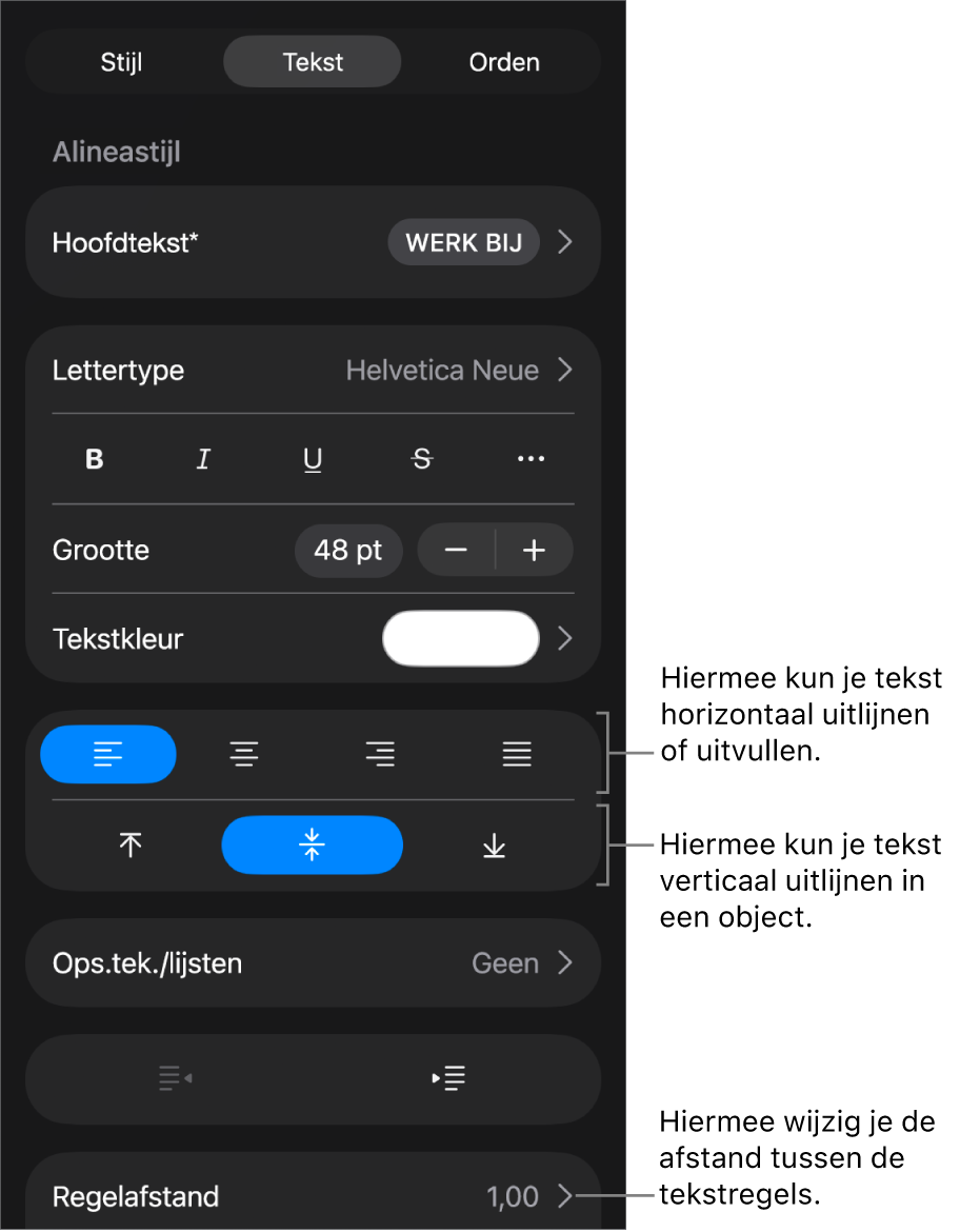 Het paneel 'Lay-out' met uitleg bij tekstuitlijn- en afstandsknoppen.