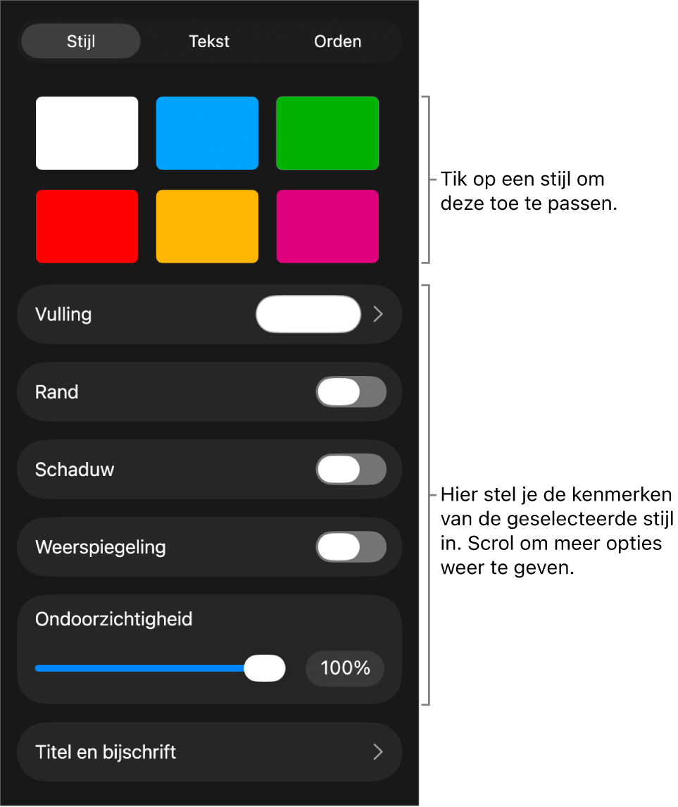 Het tabblad 'Stijl' in het opmaakmenu met bovenaan objectstijlen en eronder regelaars voor het wijzigen van de rand, schaduw, weerspiegeling en ondoorzichtigheid.