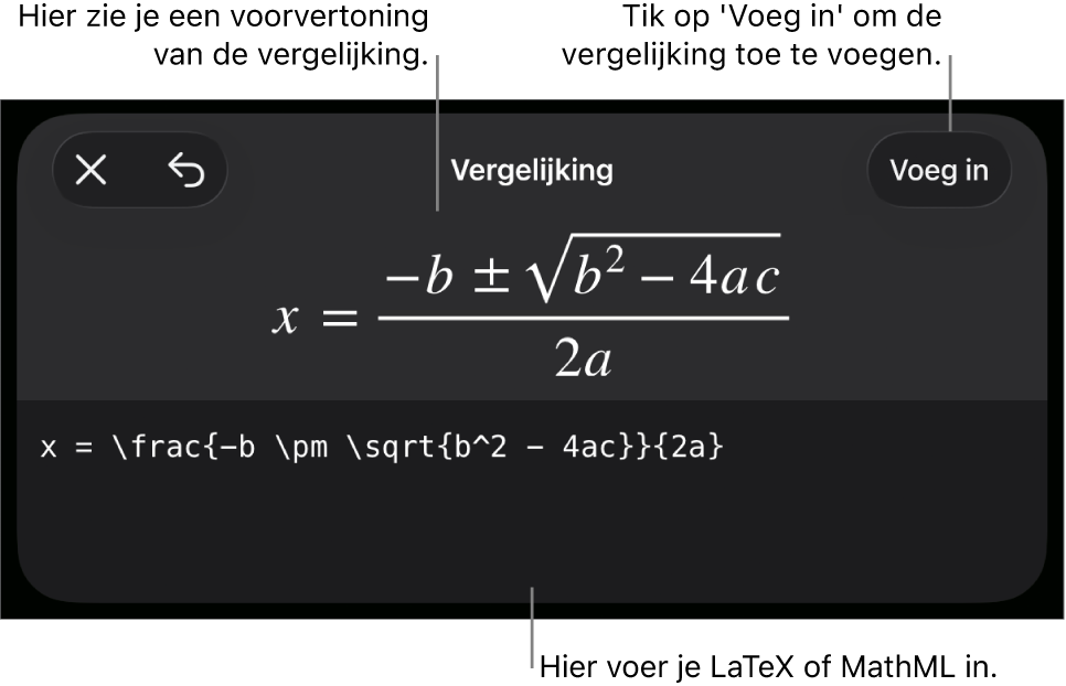 Het venster 'Vergelijking' met daarin een vergelijking die geschreven is met MathML-commando's en erboven een voorvertoning van de formule.