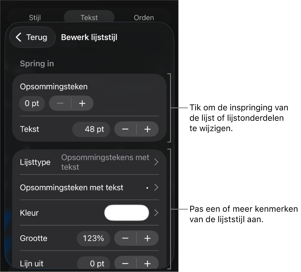 Het menu 'Bewerk lijststijl' met regelaars voor het wijzigen van het lijsttype en de vormgeving van de lijst.