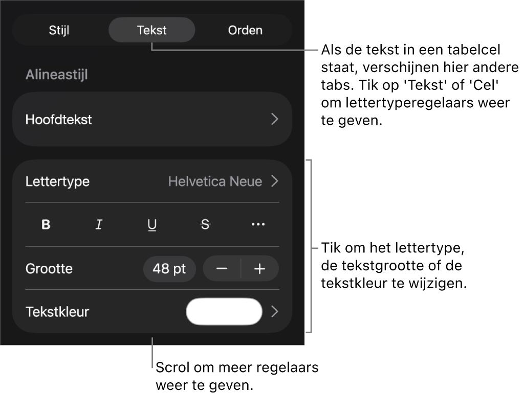 Tekstregelaars in het opmaakmenu voor het instellen van alinea- en tekenstijl, lettertype, lettergrootte en kleur.
