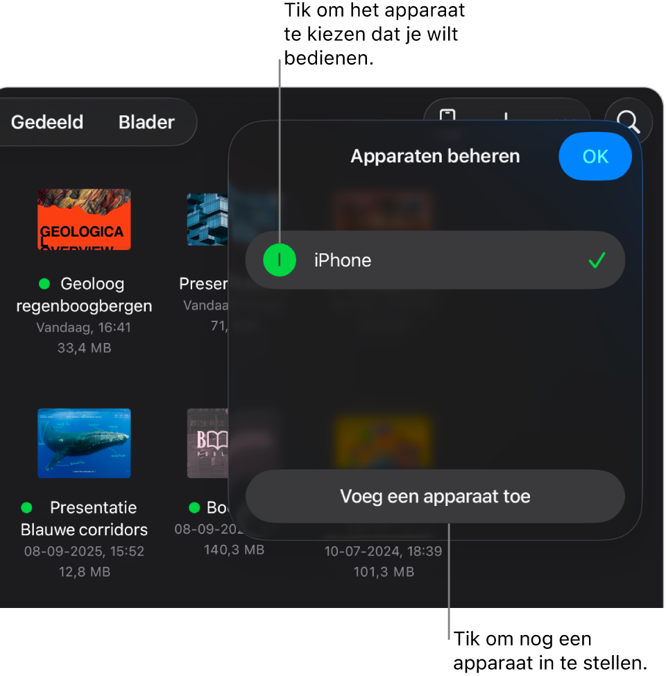De pop‑over 'Apparaten beheren', met de link 'Voeg een apparaat toe'.
