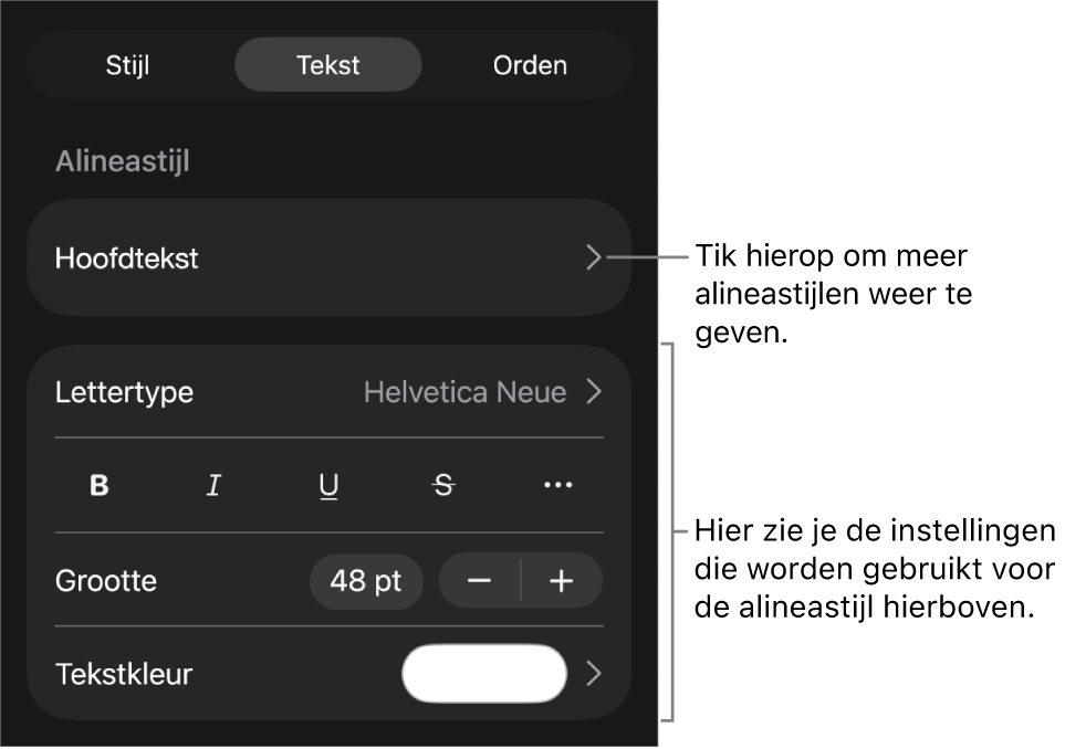 Het opmaakmenu met tekstregelaars voor het instellen van alinea- en tekenstijl, lettertype, lettergrootte en kleur.