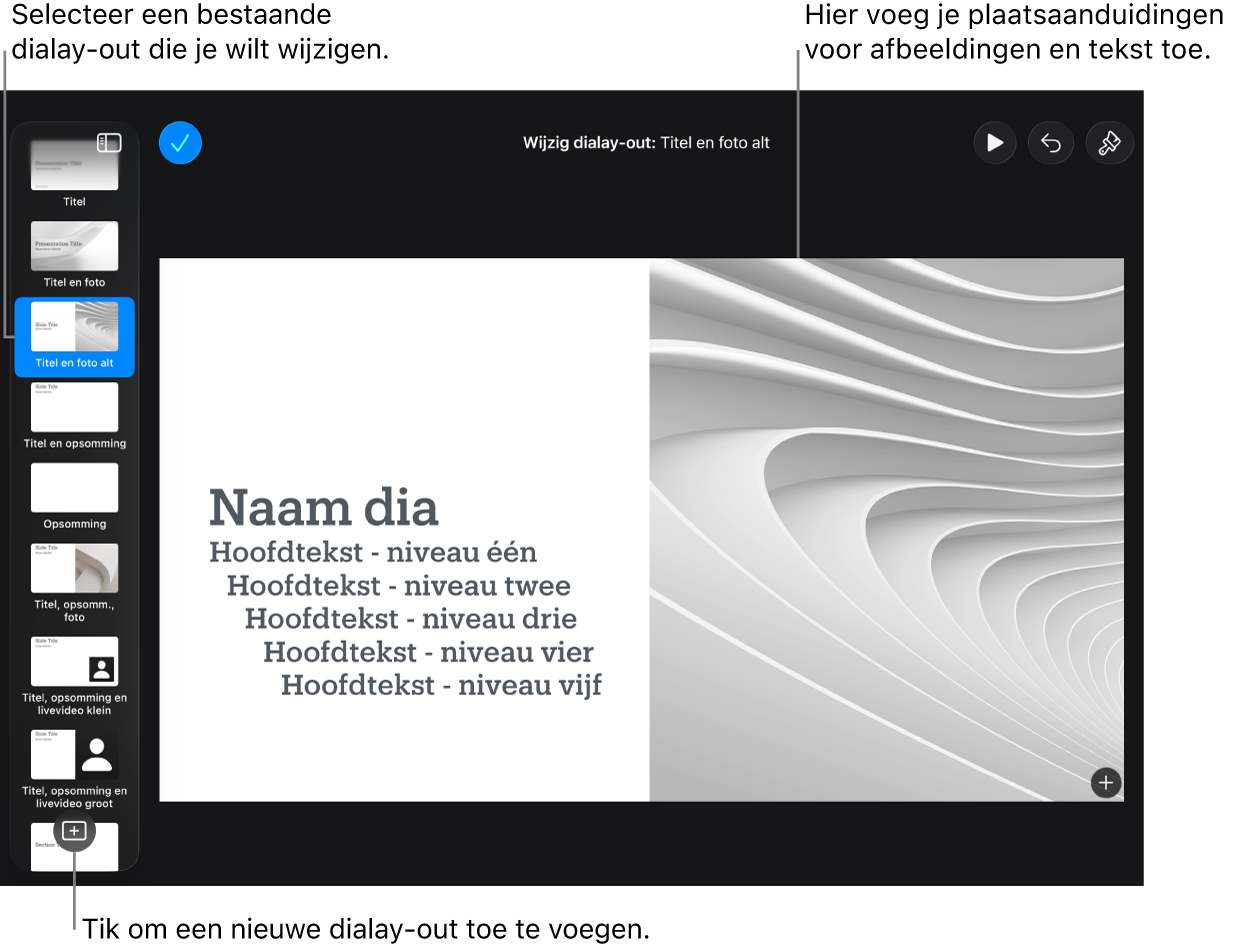 Een dialay-out in het werkgebied, met onder in het dianavigatiepaneel de knop voor een nieuwe dialay-out.