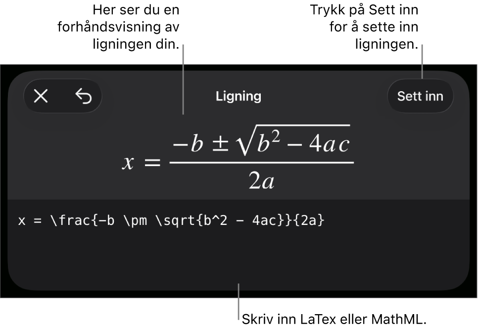 Ligning-dialogruten, som viser en formel skrevet med MathML-kommandoer, og en forhåndsvisning av formelen ovenfor.