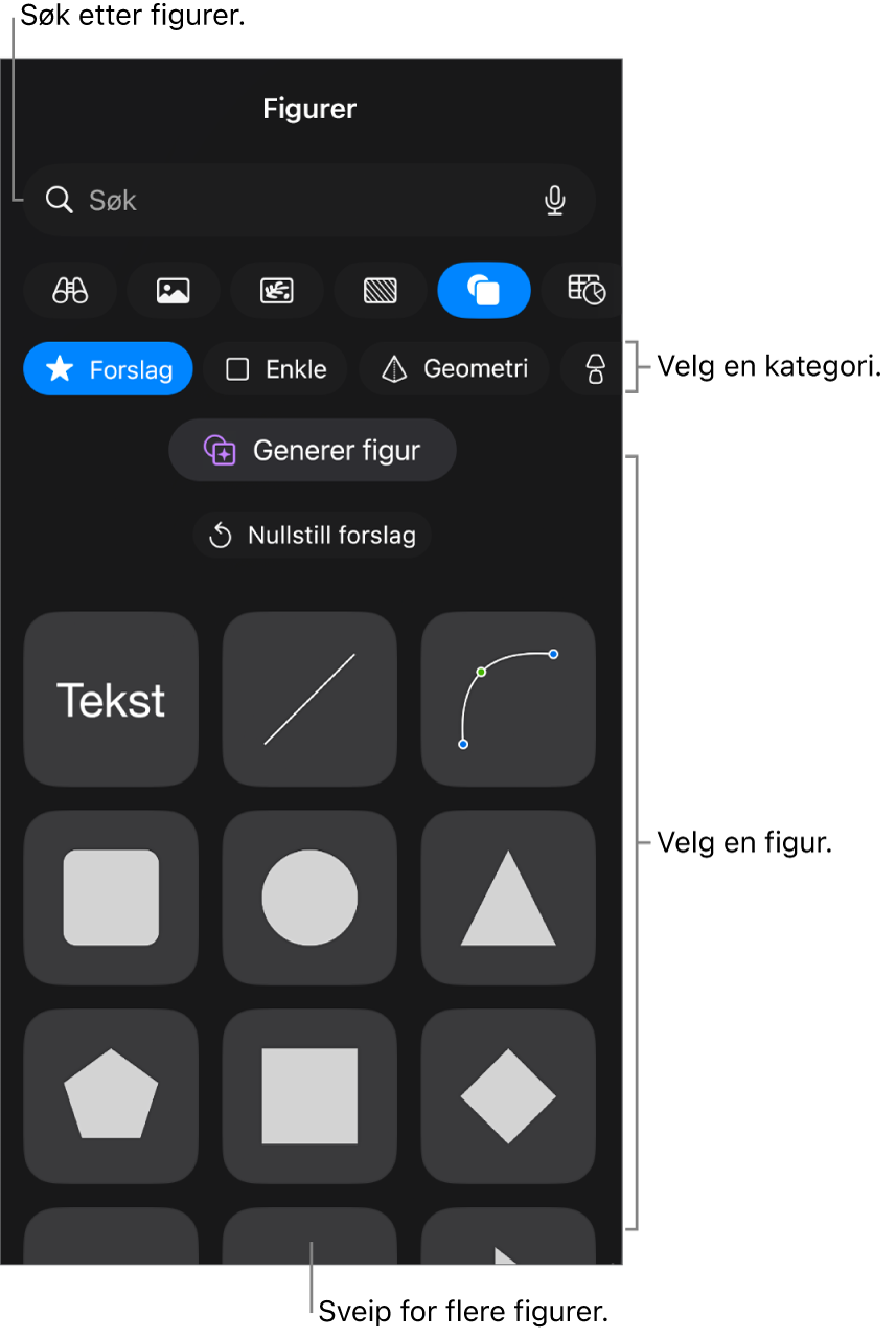 Figurbiblioteket, som viser kategorier øverst og figurer under. Du kan bruke søkefeltet øverst til å finne figurer, og du kan sveipe for å se flere.
