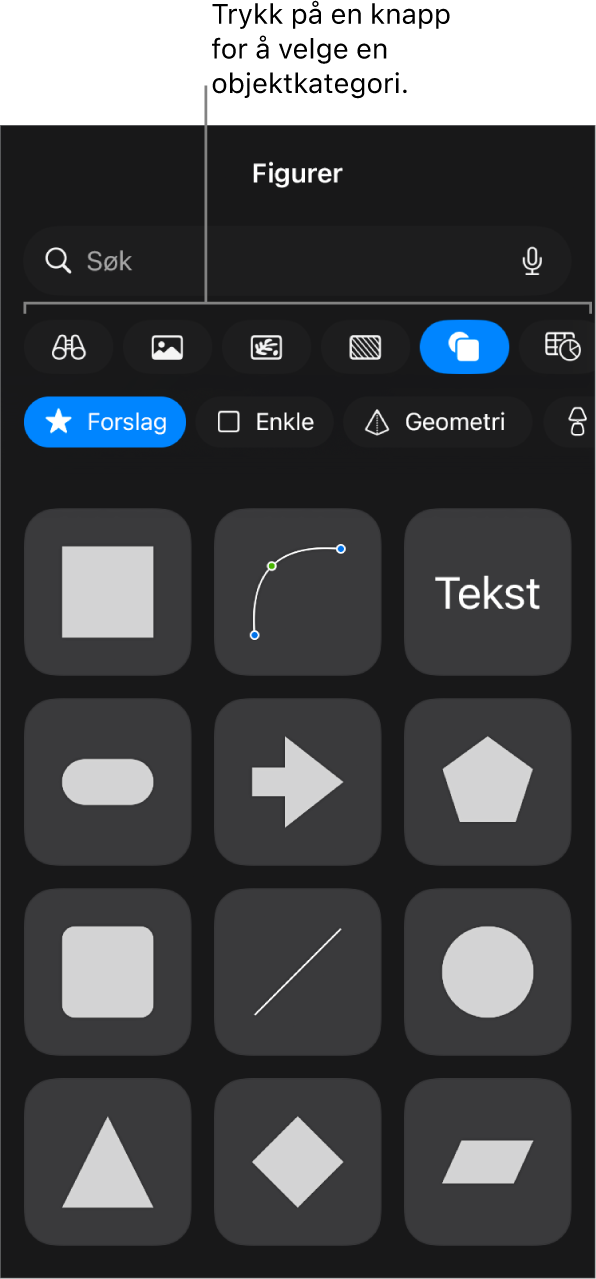 Kontrollene for å legge til et objekt, med knapper øverst for velge tabeller, diagrammer, figurer (inkludert linjer og tekstruter) og medier.