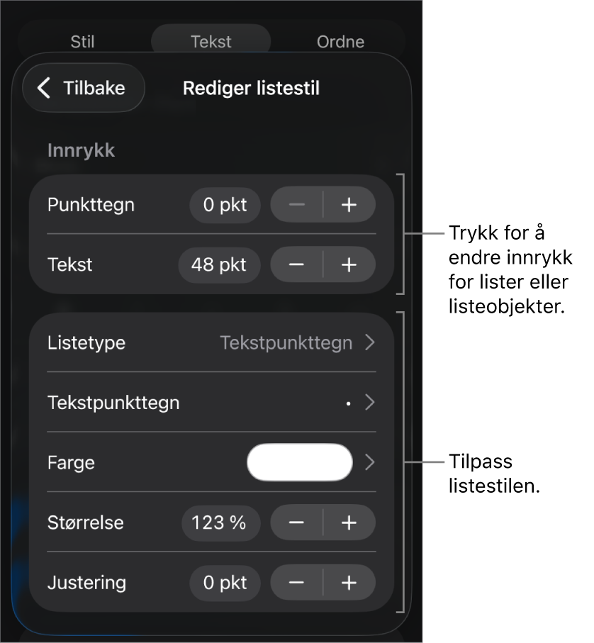 Rediger Listestil-menyen med kontroller for å redigere listetype og listeutseende.