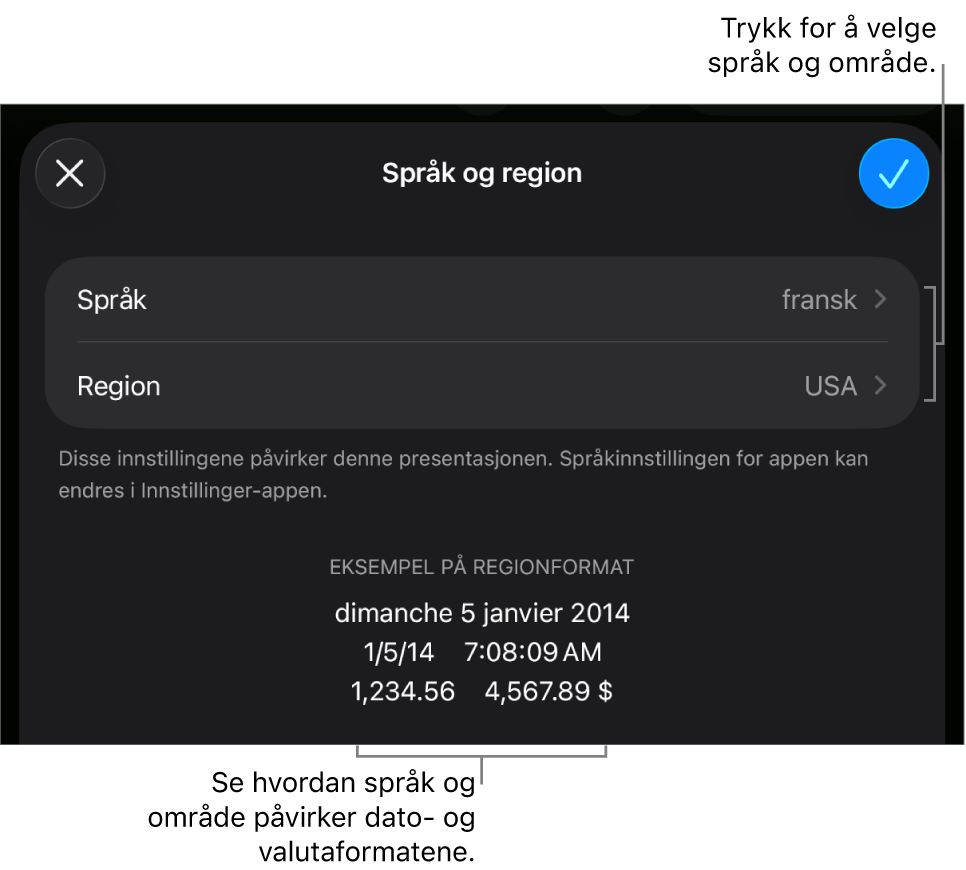 Språk og region-panelet med kontroller for språk og region, og et formateksempel med dato, klokkeslett, desimaler og valuta.