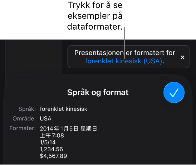 Varsling som viser en annen språk- og regionsinnstilling, med eksempler på formatering for det språket og den regionen.