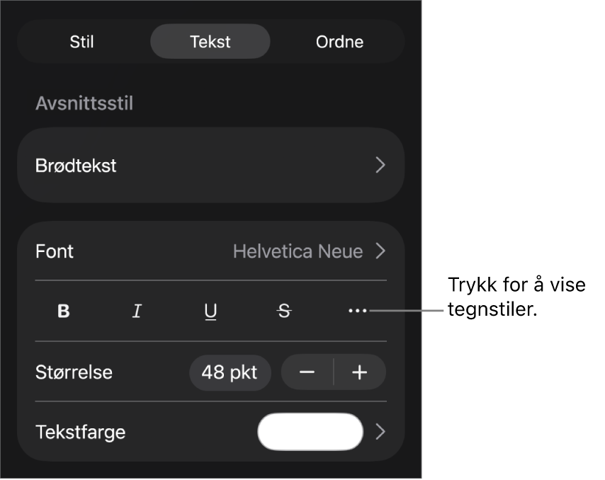 Format-kontrollene med avsnittsstiler øverst, deretter Font-kontroller. Under Font vises Halvfet-, Kursiv-, Understreket-, Gjennomstreket- og Flere tekstvalg-knappene.