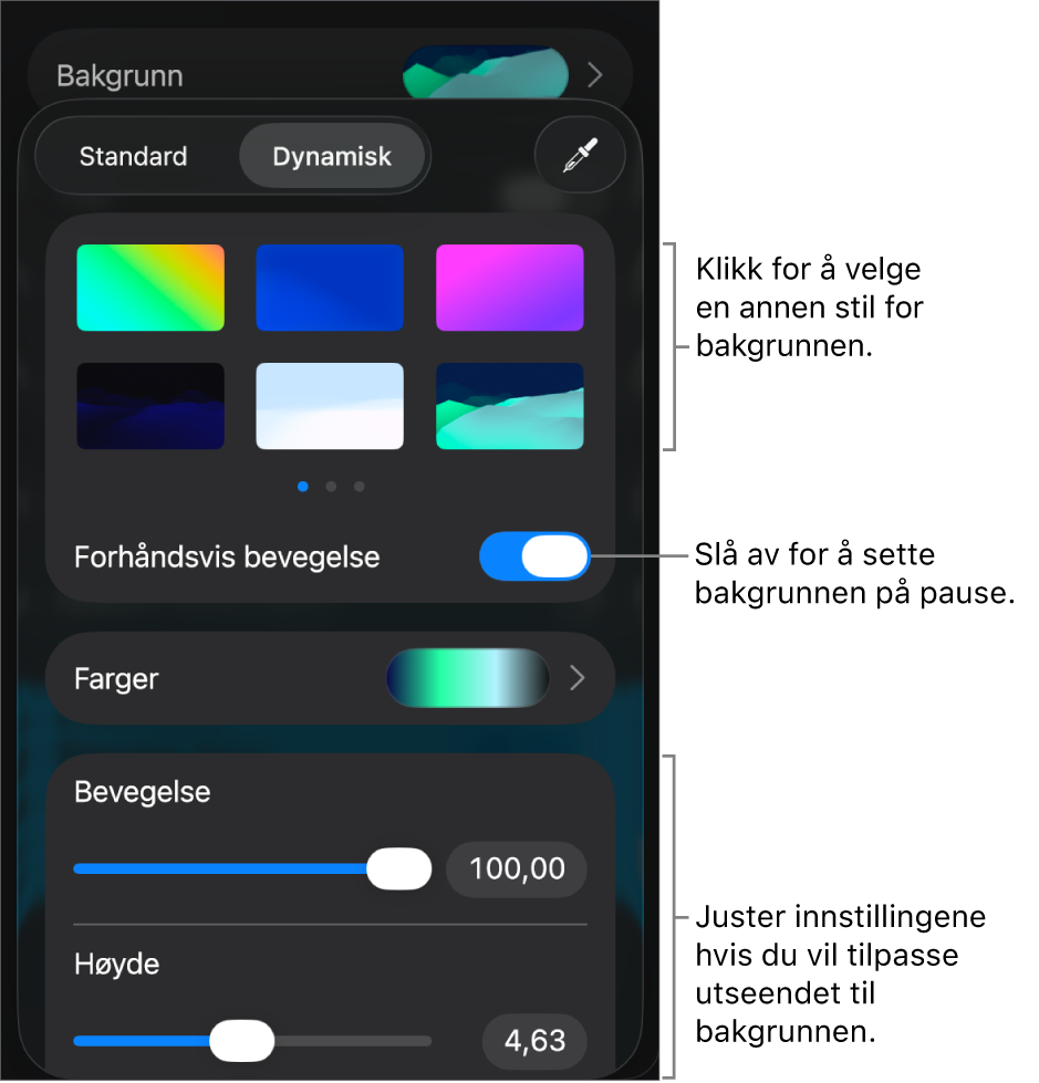 Kontrollene for dynamisk bakgrunn og miniatyrer for bakgrunnsstil og Forhåndsvis bevegelse-knappen og tilpasningskontroller vises.