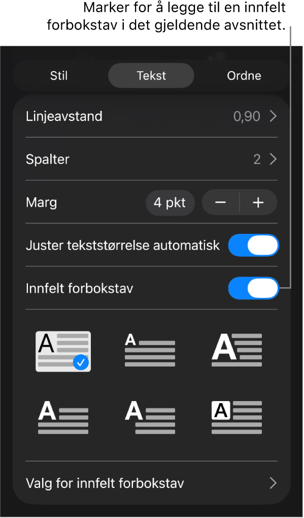 Innfelt forbokstav-kontrollene vises i Tekst-menyen.