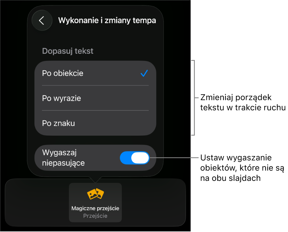 Opcje wykonania oraz zmiany tempa Magicznego przejścia w panelu Zmiany tempa.